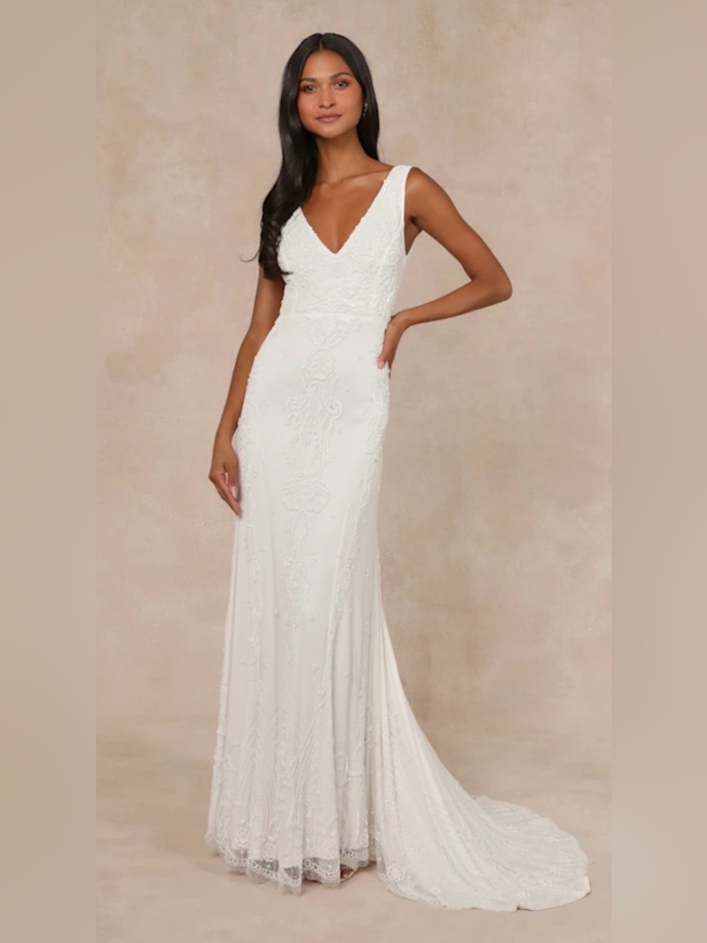 NWOT- Lulus “Passionate Romance” White Beaded Sequin Mermaid wedding dress